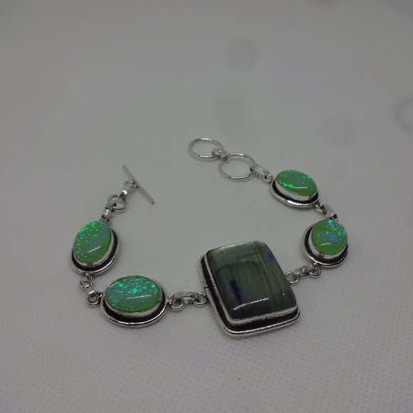 Stunning "LABRADORITE & RAINBOW FIRE TOPAZ" Handmade Sterling Bracelet #317 - Picture 1 of 3